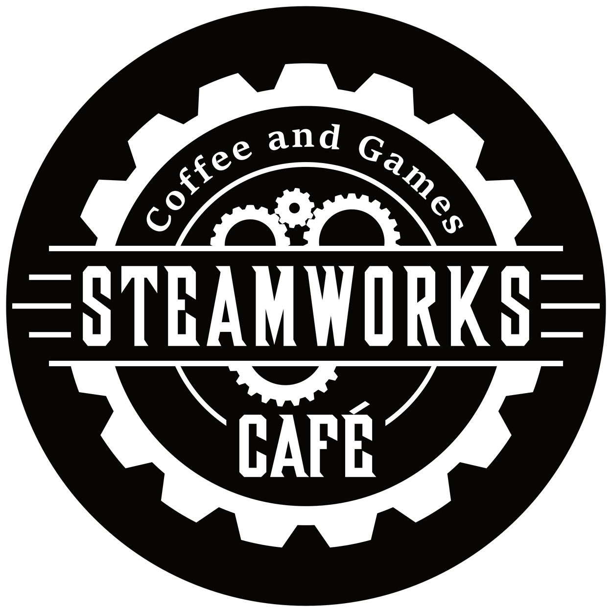 Steamworks Cafe Logo with gears motif and topped with the prefix of "Coffee and Games"